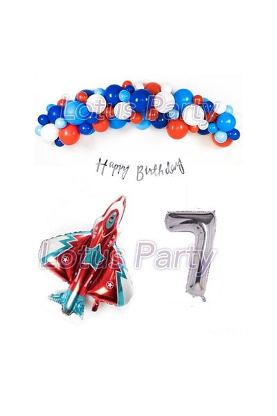 LOTUS PARTY 7 Years Jet Airplane - Pilot - F16 Themed Balloon Chain Party Set - ( Red White Navy Blue Balloon