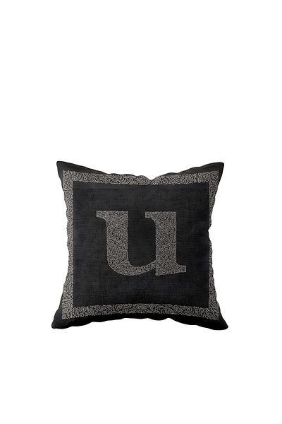linazaitun Față de pernă decorativă cu fermoar ascuns imprimat pe o parte, cu litera U, antracit, gri podea