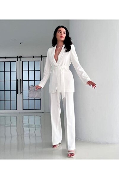 MYGİYİMİSTANBUL Bağlamalı Blazer Ceket Bol Paça Pantolon Takım