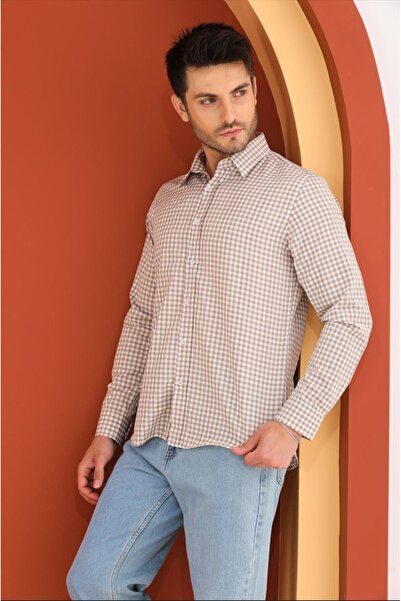 Catto Peak Ανδρικό πουκάμισο μπεζ με καρό σχέδιο - ριγέ και καρό