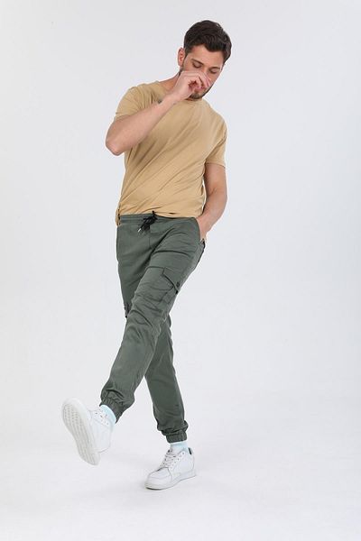 Serseri Slim Fit Green Light Jeans Cargo Pants with Side Pockets, Waist Lacing and Elasticized Legs