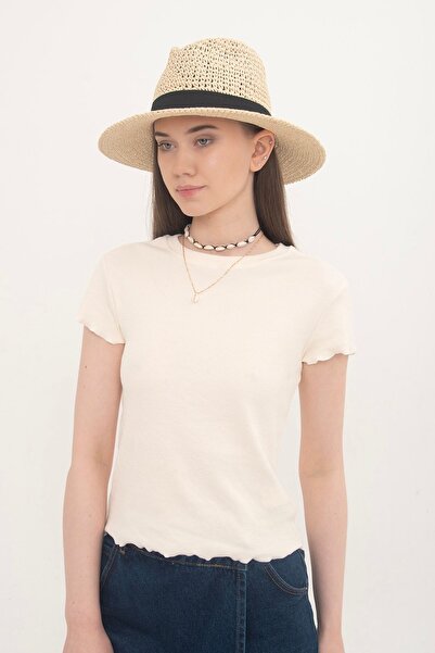 Domoda Ecru Baby Overlock Short Sleeve Blouse Camisole Ribbed Women's Blouse.