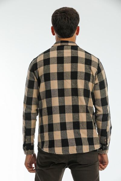 Blah Ekru, Çift Cep Kapaklı Oversize Kareli Kalın Ekose Oduncu Erkek Gömlek Ceket Shacket