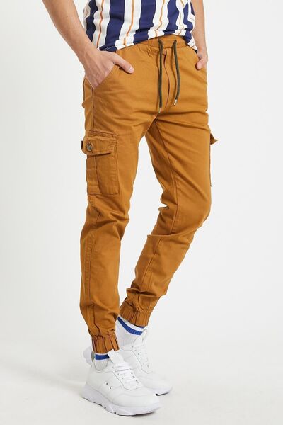 Serseri Mustard, Slim Fit None Denim Side Pockets Waist Laced, Elasticized Legs Stretch Fabric Cargo Pants