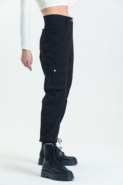 Domoda Black Jogger Comfortable Fit Elastic Cuff Cargo Pocket Gabardine Women's Trousers
