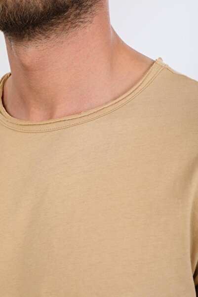 Domoda Beige Oversize Fit Cotton Short Sleeve Basic Unisex Dirty Collar T-Shirt