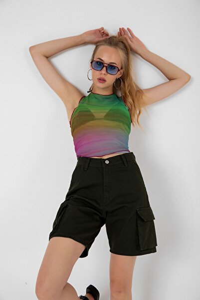 Domoda Khaki Cargo Pocket Zippered Stretch Woven Fabric Women's Bermuda Shorts