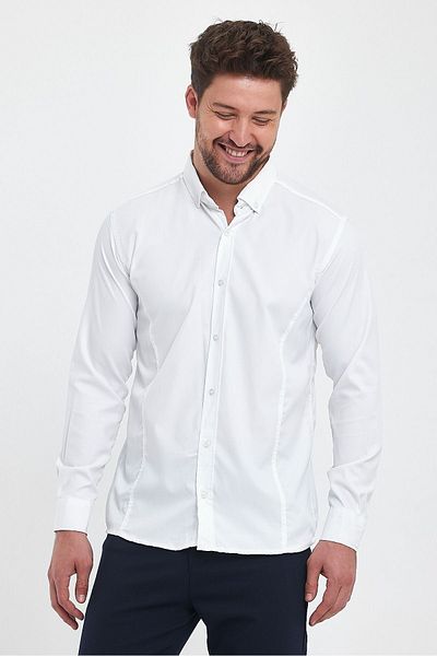 ukdeep Men's White Italian Cut Lycra Stripe Detail Classic Daily Wear Shirt