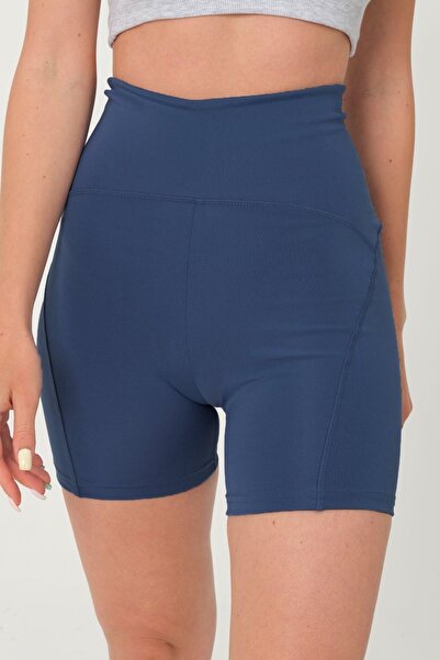 Domoda Μπλε ναυτικό ψηλόμεσο σορτς με ραμμένο καρυόκα αθλητικό κολάν Push Up