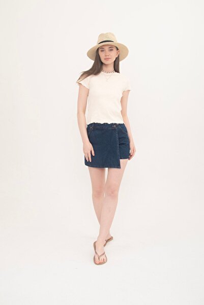 Domoda Ecru Baby Overlock Short Sleeve Blouse Camisole Ribbed Women's Blouse.