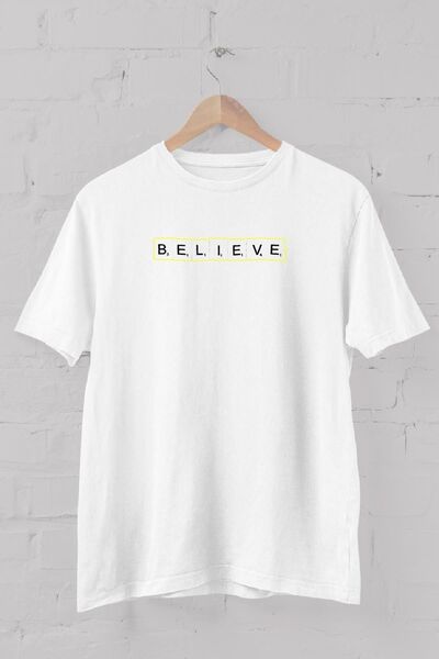 Blah Weißes, mit Believe-Slogan bedrucktes Herren-T-Shirt mit Rundhalsausschnitt