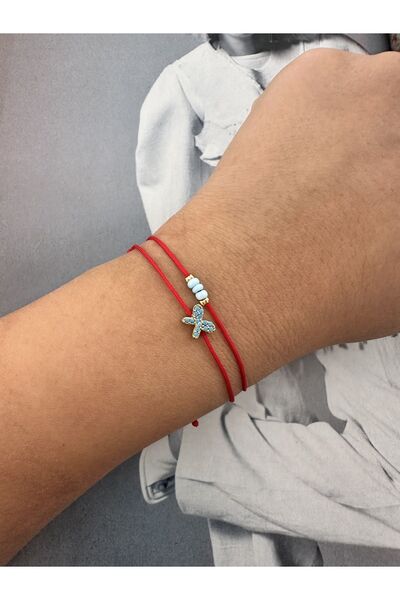 Hazeran accessories Mavi Zirkon Taşlı Kelebek 2'li Kırmızı İp Şans Bileklik