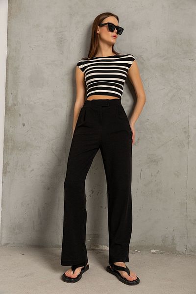 Domoda High Waist Black Velcro Banded Pleated Women's Trousers - Casual and Stylish Use @marsilya
