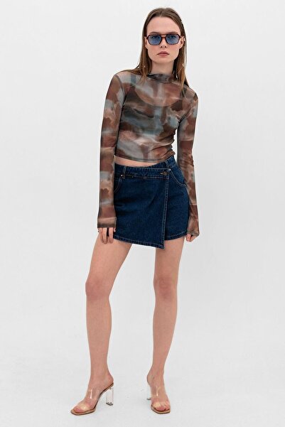 Maule Lacivert Tek Düğme, Fermuarlı Denim Şort Kot Kadın Etek