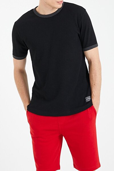 ORANGE visual Tricou pentru bărbați, negru, texturat cu vafe, cu detaliu cu e...