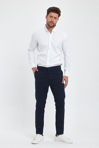 ukdeep Men's Navy Blue Italian Cut Honeycomb Pattern Linen Trousers