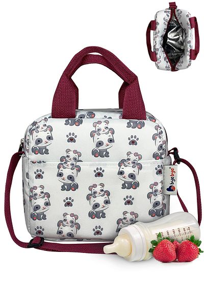 Bye Bye Panda Patterned Claret Red Lunchbox with Shoulder Strap and Thermos Food Carrying Bag