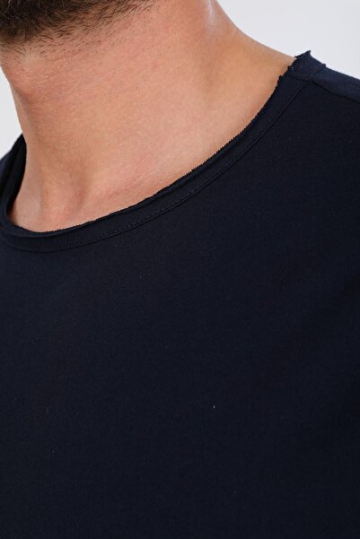 Domoda Navy Blue Oversize Fit Cotton Short Sleeve Basic Unisex Dirty Collar T-Shirt