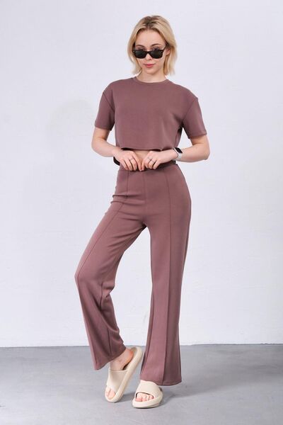 Domoda Flexible Wide Leg Brown Modal Knitted Trousers - Iron and Trace Stitching @latina