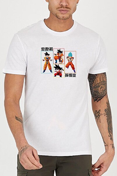 Blah Biały, męski T-shirt Son Goku Anime z nadrukiem i okrągłym dekoltem