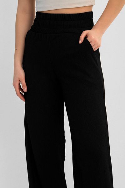 Domoda Black Elastic Waist Wide Leg Double Pocket Wrinkled Women's Trousers