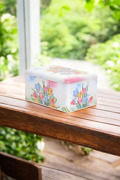 EVLE Ef058-30 Flower Tulip Patterned Rectangular Metal Storage Container 17x26 Cm