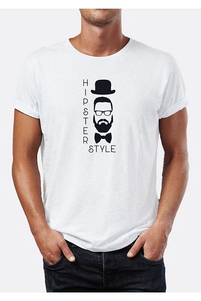 Blah Weißes Herren-T-Shirt mit Hipster-Schnurrbart-Hut-Brille-Aufdruck und Rundhalsausschnitt