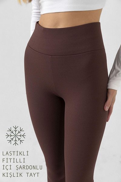 Domoda Braune Fleece-Innenseite, elastisch, erhöht, gerippt, geraffte Interlock-Winterstrick-Leggings @verona