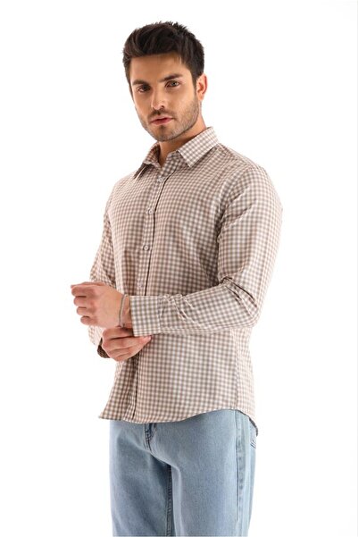 Catto Peak Ανδρικό πουκάμισο μπεζ με καρό σχέδιο - ριγέ και καρό