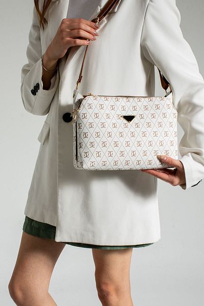 Rosmod Women's White Patterned Three-Compartment Shoulder Cross Strap Quality Bag