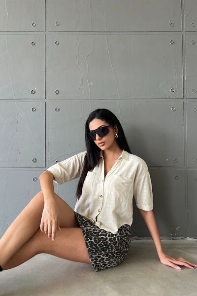 Maule Μπεζ βαμβακερή βισκόζη Cool of Summer: Γυναικείο κοντομάνικο πουκάμισο με χαλαρή εφαρμογή @parma