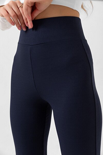 Domoda Navy Blue High Waist Ribbed Toparlay Caesorun Fit Flare Drape