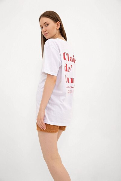 Domoda White Clair De Lune Graphic Printed Oversize 100% Cotton Women's T-Shirt on the Back