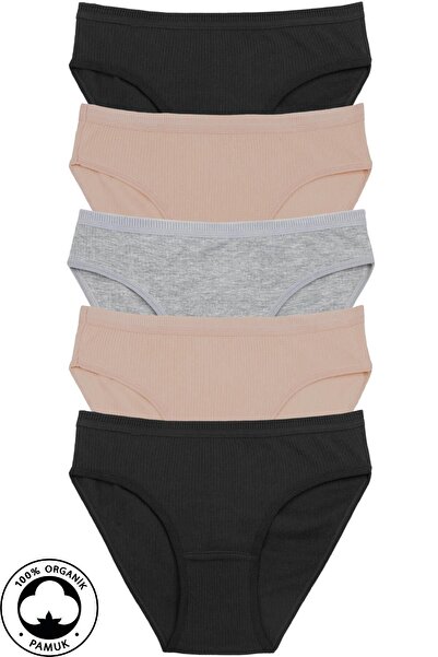 Humaone 5-Piece Special Ribbed Waist Ribbed Panties - 100% Cotton Bk2-a11