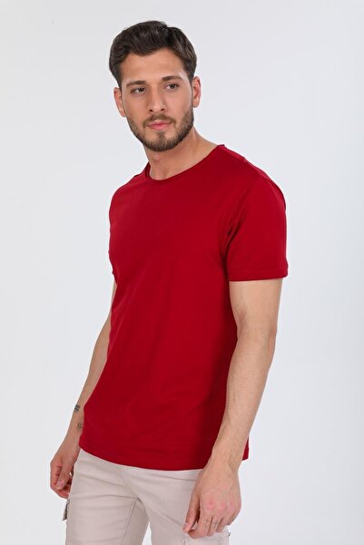 Domoda Claret Red Oversize Fit Cotton Short Sleeve Basic Unisex Dirty Collar T-Shirt