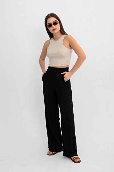 Domoda Black Elastic Waist Wide Leg Double Pocket Wrinkled Women's Trousers