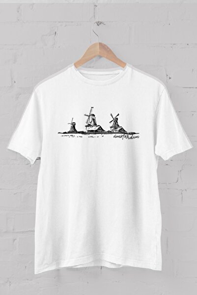 Blah تي شيرت أبيض برقبة دائرية مطبوع عليه طواحين هواء أمستردام للرجال