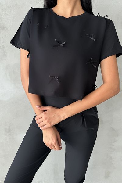 Domoda Černá Crop Boxy dámská halenka – 100% bavlna, výstřih, stuha @Novara