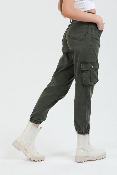 Domoda Khaki Jogger Comfortable Fit Elastic Legs Cargo Pocket Gabardine Women's Trousers