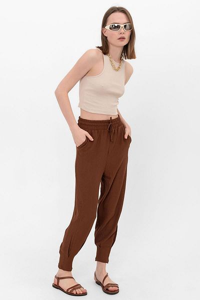 Domoda Brown Elastic Pocket Lace-Up Loose Casual Women's Trousers
