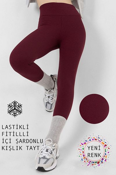 Domoda Innenseite aus bordeauxrotem Fleece, elastisch, erhöht, gerippt, Interlock-Winterstrick-Leggings mit Raffung @verona