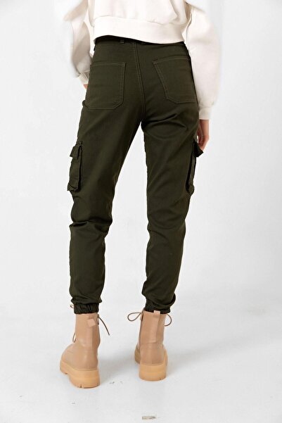 Domoda Dark Khaki Jogger Comfortable Fit Elastic Leg Cargo Pocket Gabardine Women's Trousers