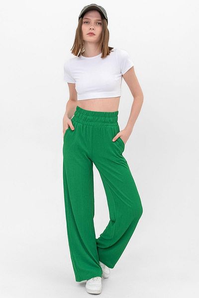 Domoda Green Elastic Waist Wide Leg Double Pocket Wrinkled Women's Trousers