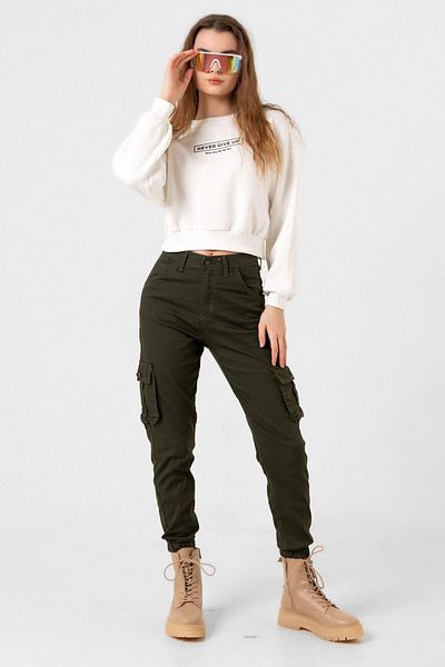 Domoda Dark Khaki Jogger Comfortable Fit Elastic Leg Cargo Pocket Gabardine Women's Trousers