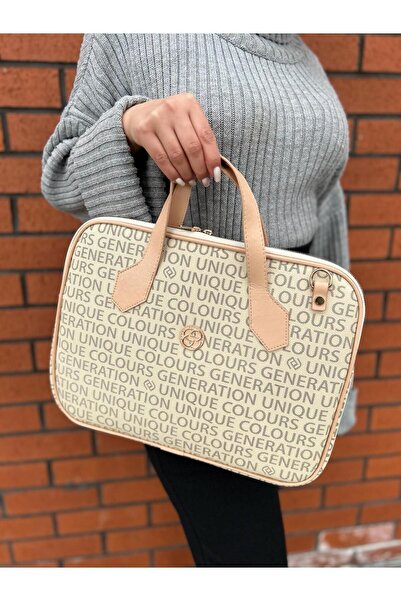 Rosmod Χαρτοφύλακας φορητού υπολογιστή Unisex μπεζ 14 ιντσών με λουράκι με μοτίβο κειμένου