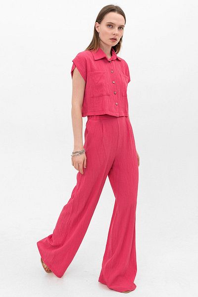 Domoda Fuchsia Crop Button-Up Shirt, Palazzo Wide Leg Trouser Set