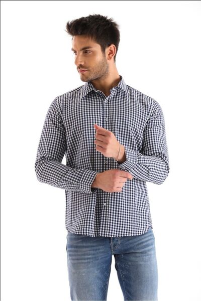 Catto Peak Ανδρικό πουκάμισο - Μπλε ναυτικό ριγέ, καρό καρό, κανονική εφαρμογή