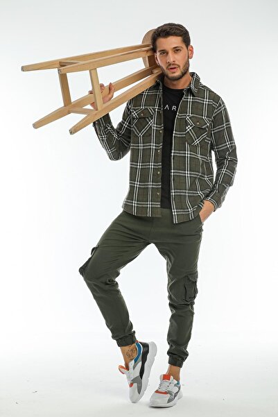 Blah Χακί, ανδρικό σακάκι μπουφάν με διπλό πτερύγιο τσέπης καρό χοντρό καρό ξυλοκόπο