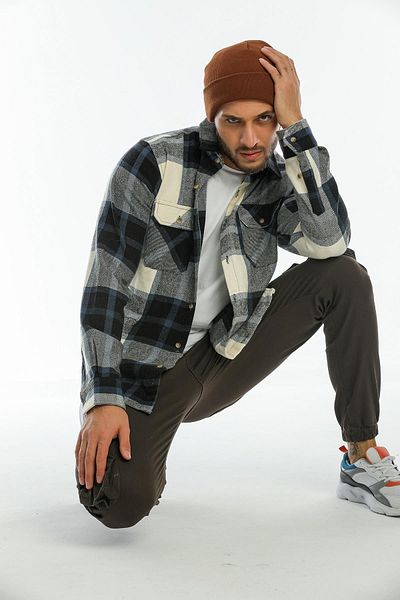 Blah Μπλε, διπλό πτερύγιο τσέπης Oversize καρό παχύ καρό ανδρικό σακάκι ανδρικό πουκάμισο