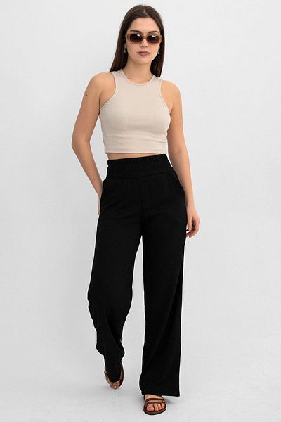 Domoda Black Elastic Waist Wide Leg Double Pocket Wrinkled Women's Trousers